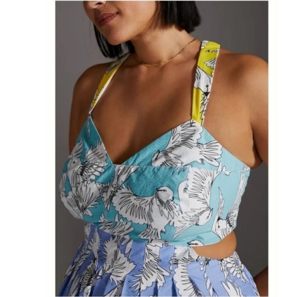 Anthropologie Maeve Tropical Bird Print Cutout Tie Back Mini Dress 2 - Picture 16 of 16